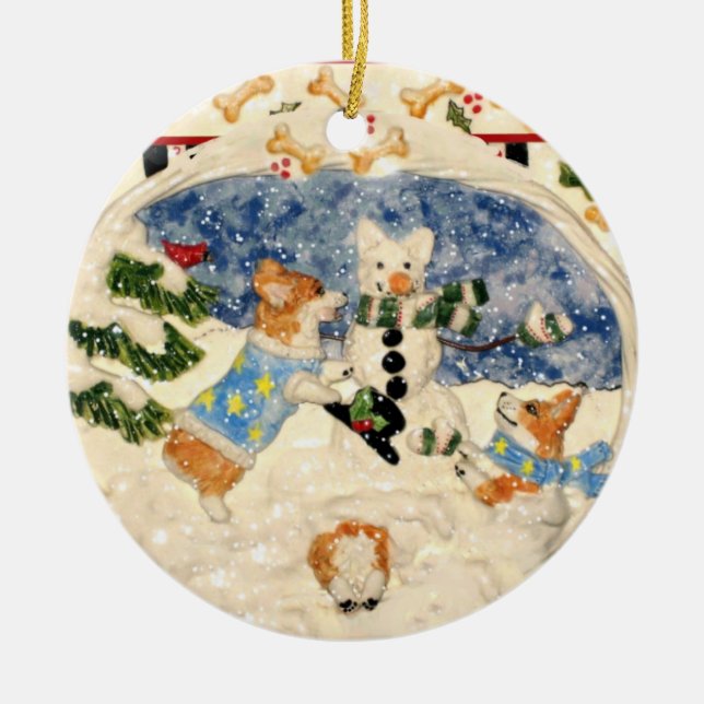 Corgi-Schneemann-Verzierung Keramikornament (Vorne)