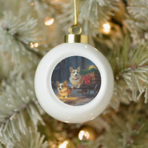 Corgi Schneeschlitten Weihnachtsdekoration Keramik Kugel-Ornament