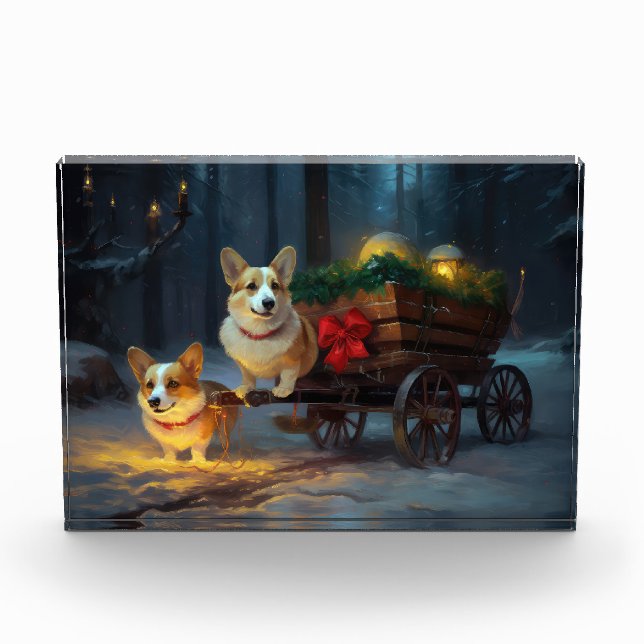Corgi Snowy Sleigh Weihnachtsdekor Fotoblock (Vorderseite)
