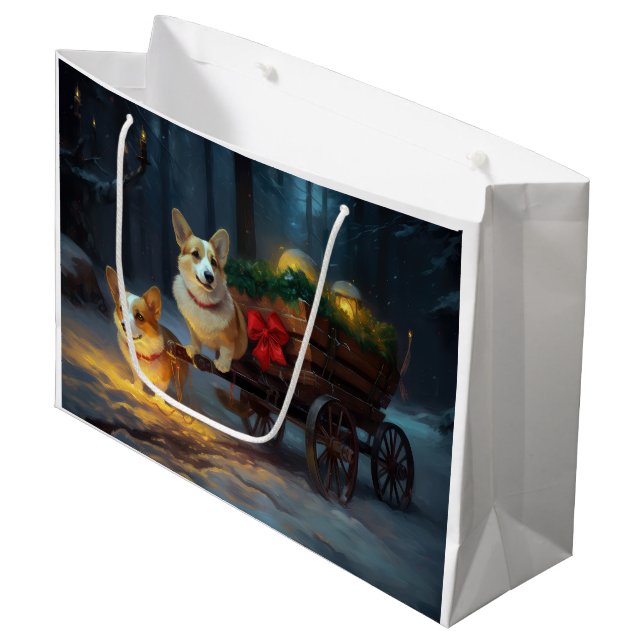 Corgi Snowy Sleigh Weihnachtsdekor Große Geschenktüte (Vorderseite Schrägansicht)