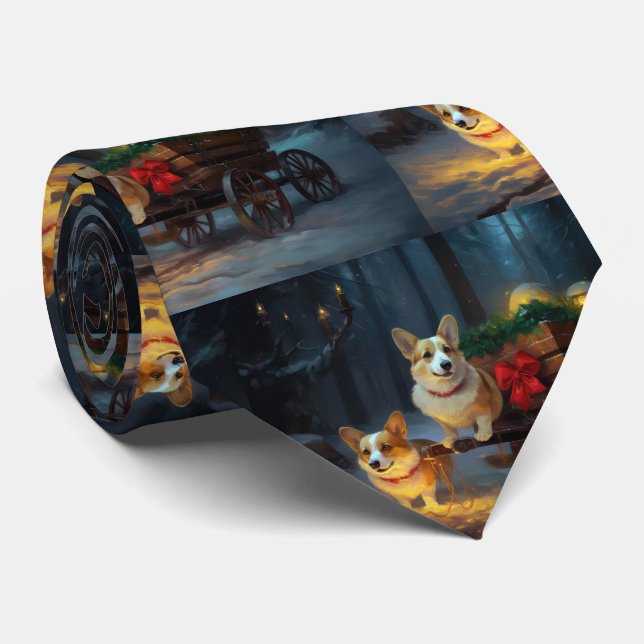Corgi Snowy Sleigh Weihnachtsdekor Krawatte (Gerollt)
