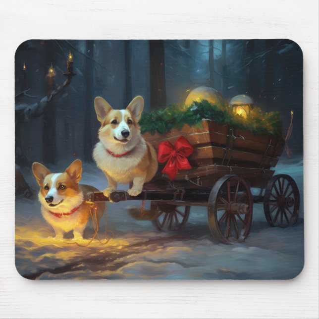Corgi Snowy Sleigh Weihnachtsdekor Mousepad (Vorne)