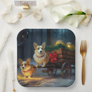 Corgi Snowy Sleigh Weihnachtsdekor Pappteller