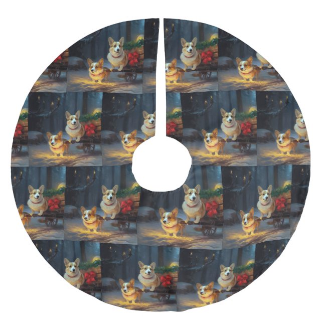 Corgi Snowy Sleigh Weihnachtsdekor Polyester Weihnachtsbaumdecke (Vorderseite)