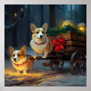 Corgi Snowy Sleigh Weihnachtsdekor Poster