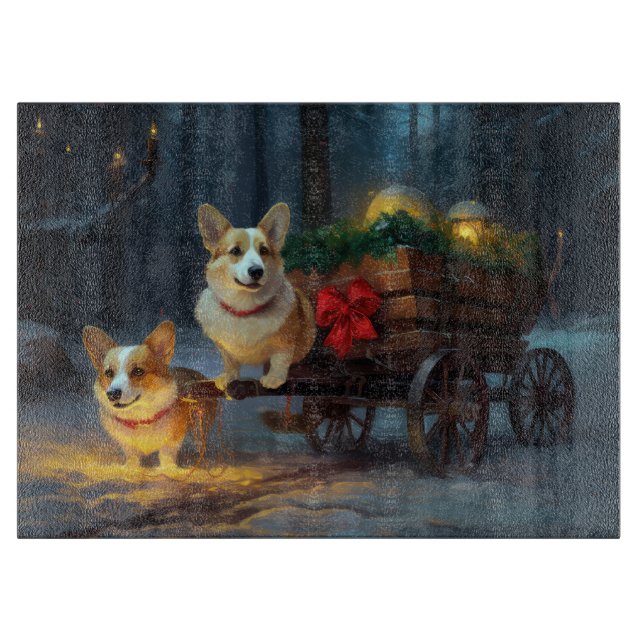 Corgi Snowy Sleigh Weihnachtsdekor Schneidebrett (Vorderseite)