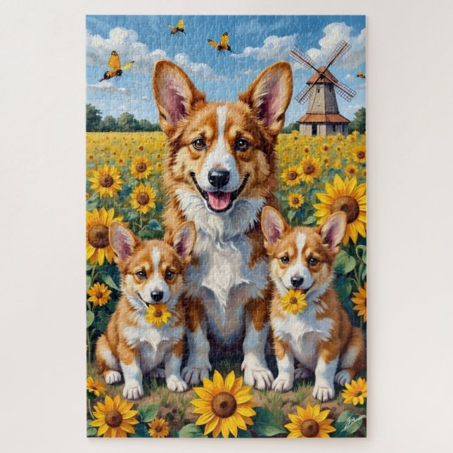 Corgi-Sonnenblumenfeld-Kunst Puzzle (Vertikal)