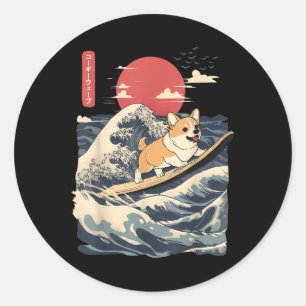 Corgi Surfing Japanisch Wave Runder Aufkleber