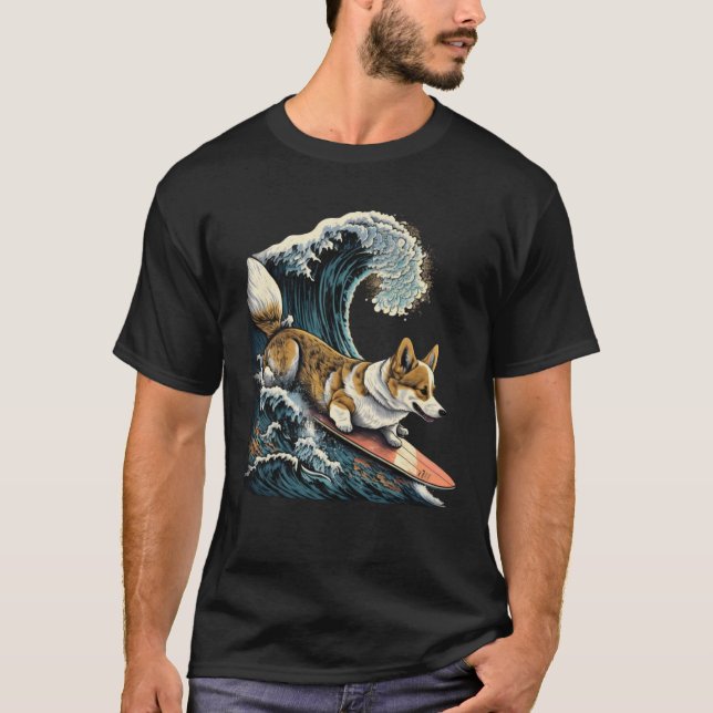 Corgi Surfing Kanagawa Japanisch Die große Welle T-Shirt (Vorderseite)