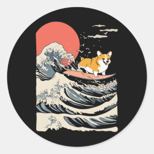 Corgi surft auf japanischer Welle _3  Runder Aufkleber