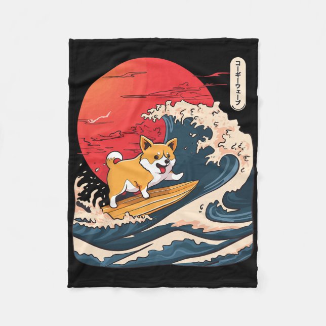 Corgi surft auf japanischer Welle _4  Fleecedecke (Vorderseite)