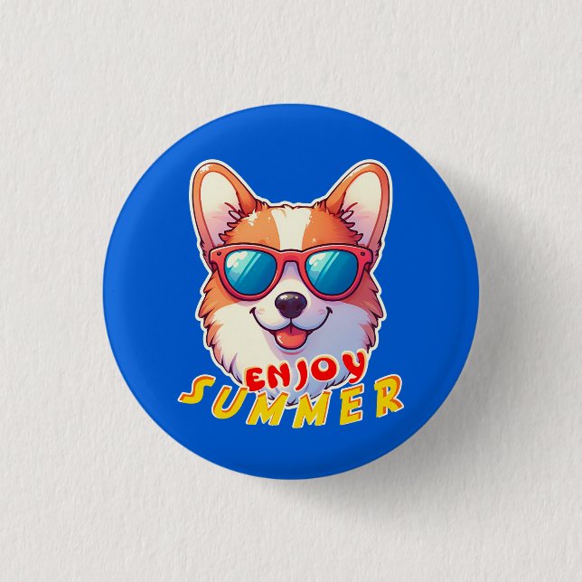 Corgi trägt eine Sonnenbrille Genießen Sie den Som Button (Vorderseite)