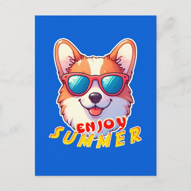 Corgi trägt eine Sonnenbrille Genießen Sie den Som Postkarte (Vorderseite)