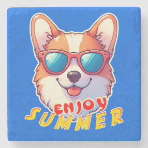 Corgi trägt eine Sonnenbrille Genießen Sie den Som Steinuntersetzer