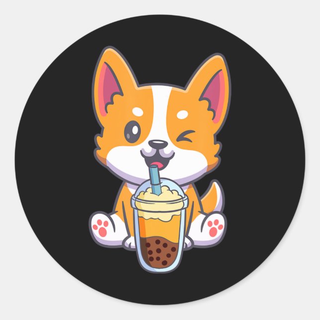 Corgi trinkt Boba Bubble Tee Drink Dog Anime Kaw Runder Aufkleber (Vorderseite)