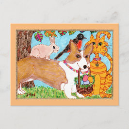 Corgi u. Freunde mit Ei-Korb-Volkskunst Ostern Feiertagspostkarte