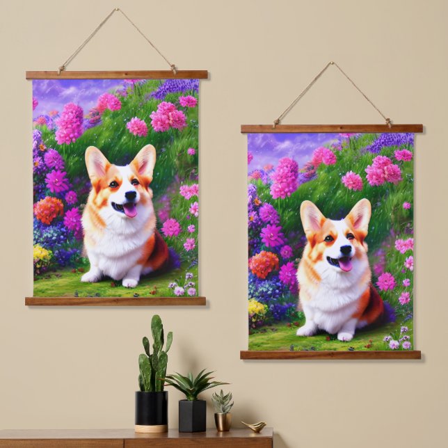 Corgi und Blume Wandteppich Mit Holzrahmen (Asymmetrisch)