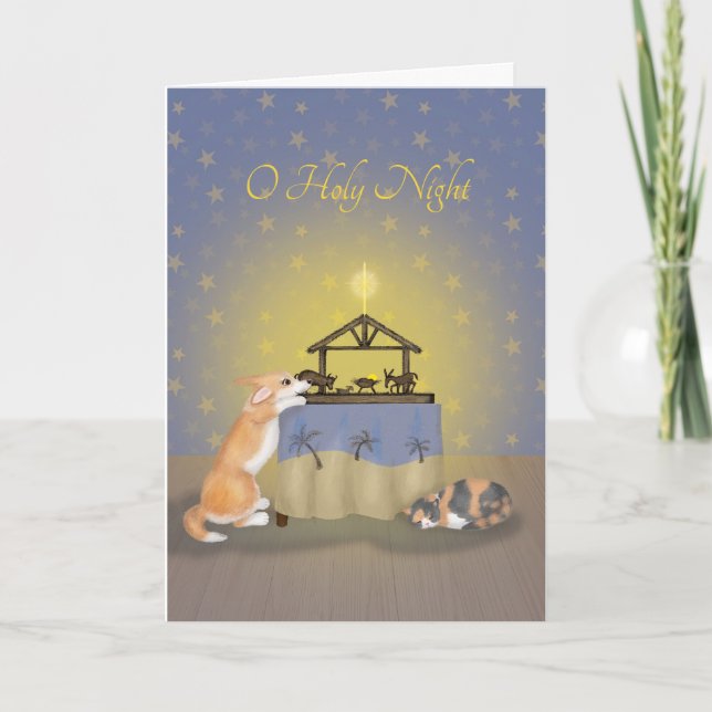 Corgi und Katze mit Krippe Weihnachtskarte Karte (Vorderseite)