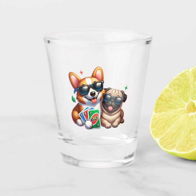 Corgi und Mops Uno Card Game Schnapsglas (Vorderseite)