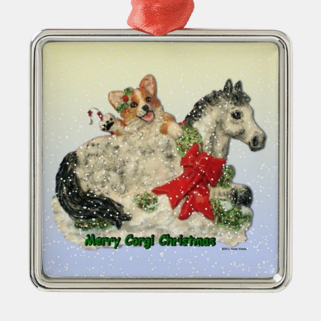 Corgi-und Pony-Weihnachtsverzierung Silbernes Ornament (Vorne)