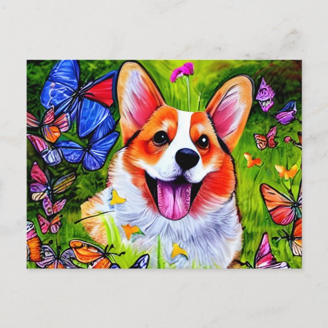 Corgi und Schmetterlingskunst Postkarte (Vorderseite)