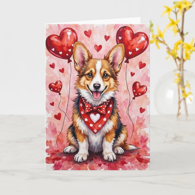 Corgi Valentine’s Day Dog with Hearts Red Karte (Gelbe Blume)