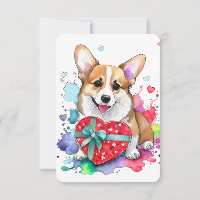 Corgi Valentine's Day Card - Aquarellhund Dankeskarte (Vorderseite)