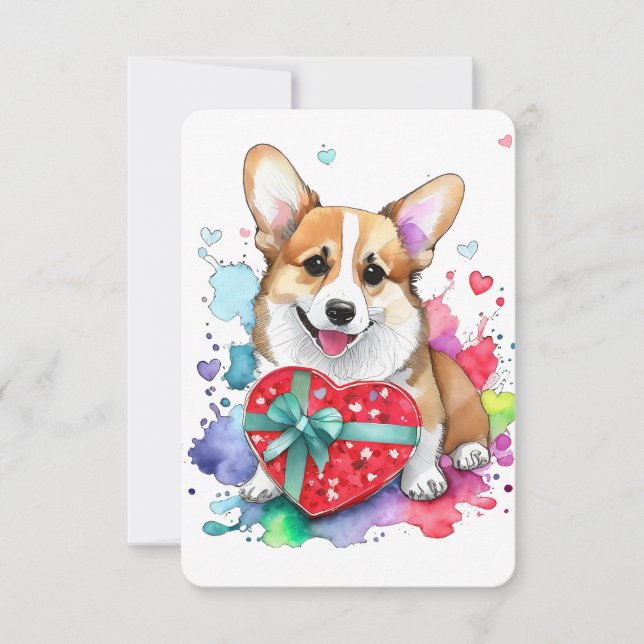 Corgi Valentine's Day Card - Aquarellhund Dankeskarte (Vorderseite)
