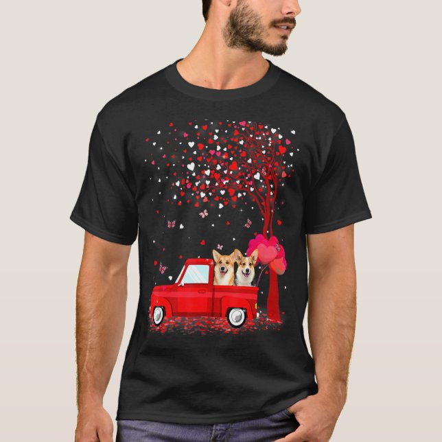 Corgi Valentine's Day Hunde Red Truck Herz T-Shirt (Vorderseite)