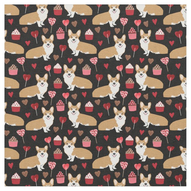 Corgi Valentines Fabric - schwarz Stoff (Nahaufnahme)