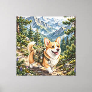 Corgi Wandern in Bergen Aquarell auf Keilrahmen  Leinwanddruck