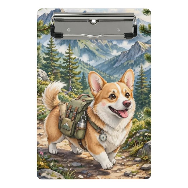 Corgi Wandern in Bergen Aquarell   Mini Klemmbrett (Vorderseite)