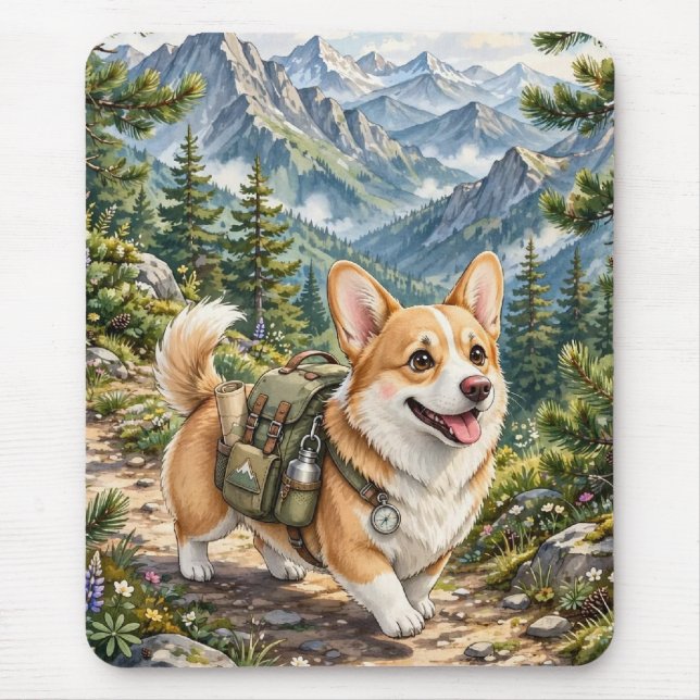 Corgi Wandern in Bergen Aquarell   Mousepad (Vorne)