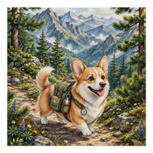 Corgi Wandern in Bergen Wasserfarbe Glänzend  Poster
