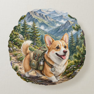 Corgi Wandern in Bergen Wasserfarbe Rundes Kissen
