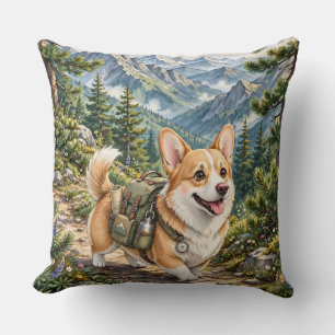 Corgi-Wanderung in Bergen Wasserfarben-Wurfkissen Kissen