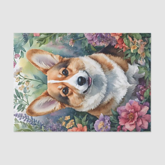 Corgi Watercolor Floral Art Seidenpapier (Vorderseite)