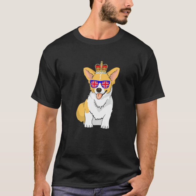Corgi Wearing Sonnenbrillen und Crown England Flag T-Shirt (Vorderseite)