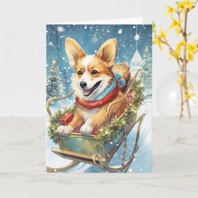 Corgi Weihnachten - Ein Schlitten der Gegenwart fa Karte (Gelbe Blume)