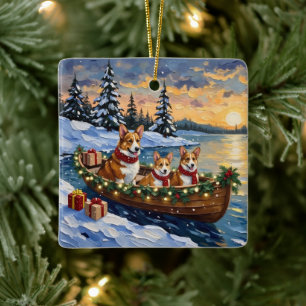 Corgi-Weihnachtsboot-Feiertag Keramikornament
