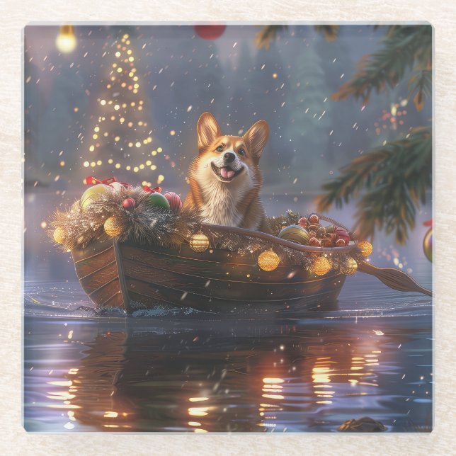 Corgi Weihnachtsfeiertage Glasuntersetzer (Vorderseite)