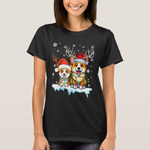 Corgi-Weihnachtslichter-Santa-Hut-Rentier-Pyjama-H T-Shirt