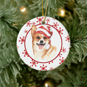 Corgi Weihnachtsmannmütze Red Snowflake Weihnachte Keramik Ornament