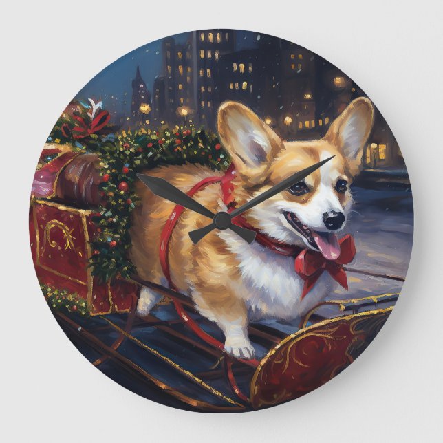 Corgi Weihnachtssaison Große Wanduhr (Vorderseite)