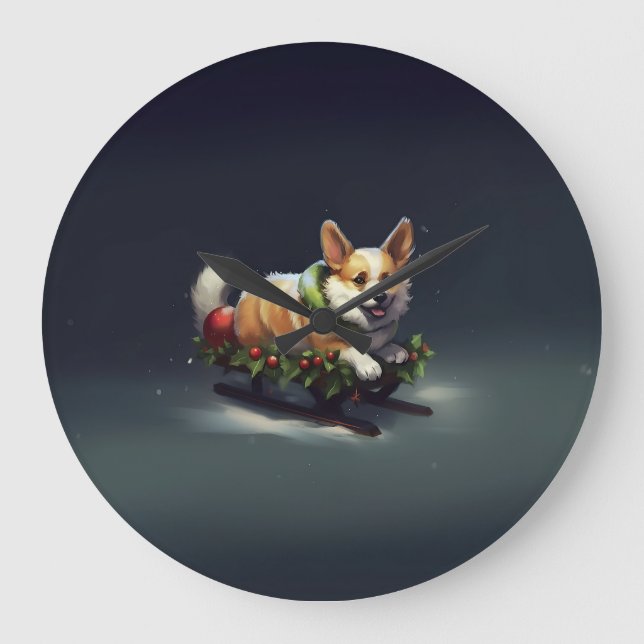 Corgi Weihnachtsschnee Winter Große Wanduhr (Vorderseite)