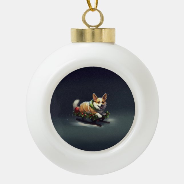 Corgi Weihnachtsschnee Winter Keramik Kugel-Ornament (Vorderseite)
