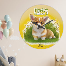 Corgi Welpe auf dem Gras | Ich bin niedliches Haus Große Wanduhr