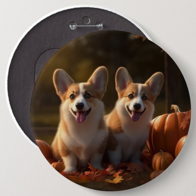 Corgi Welpe Herbstfreude Kürbis Button (Vorne & Hinten)