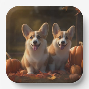 Corgi Welpe Herbstfreude Kürbis Pappteller