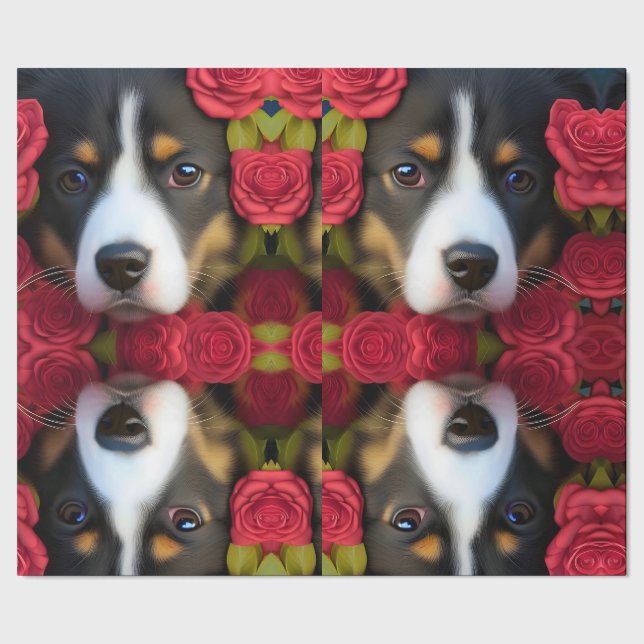 Corgi Welpe in rote Rosen Gewebepapier Geschenkpapier (Saum)
